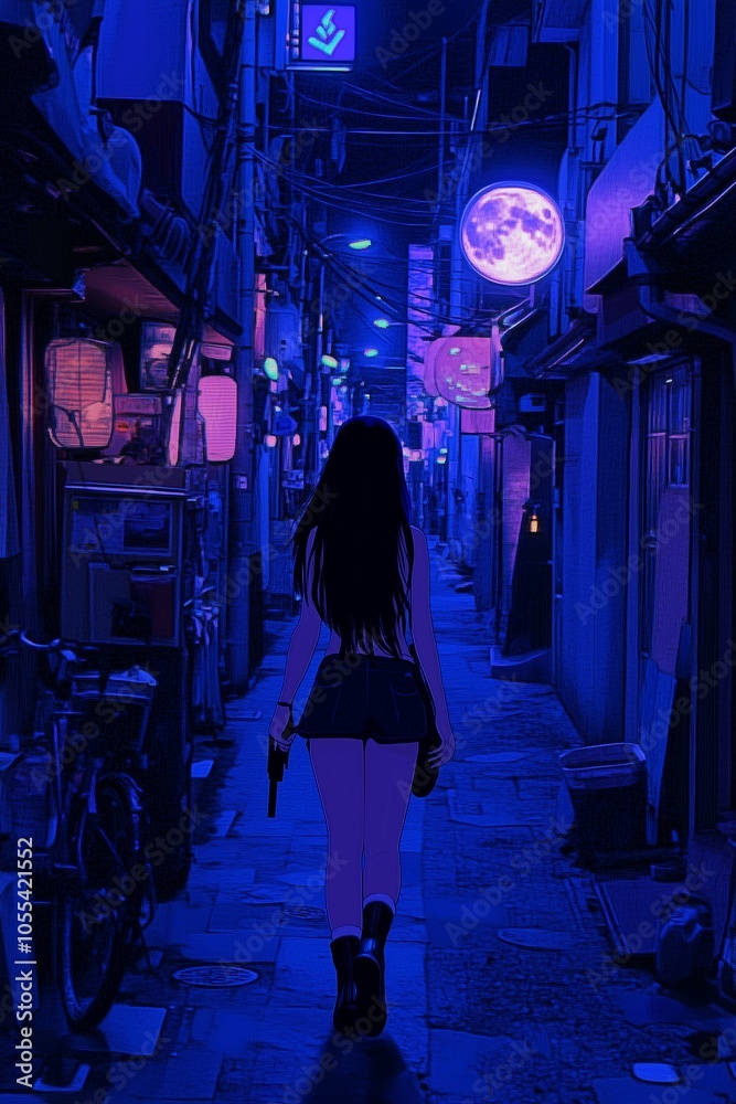 A lone figure walks through a neon-lit alleyway at night, surrounded by glowing signs and lanterns in an urban setting A lone figure walks through a neon-lit alleyway at night, surrounded by glowing signs and lanterns in an urban setting