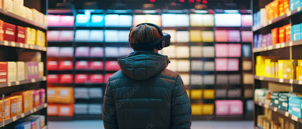 Fototapeta premium Young Man Experiencing Virtual Reality in a Grocery Store Aisle