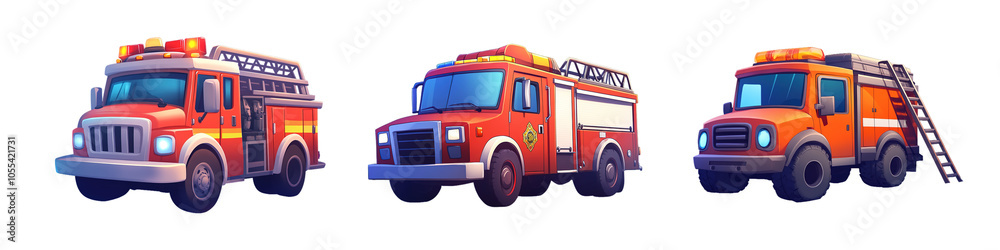 Fototapeta premium Three stylized fire trucks in 2D graphics.