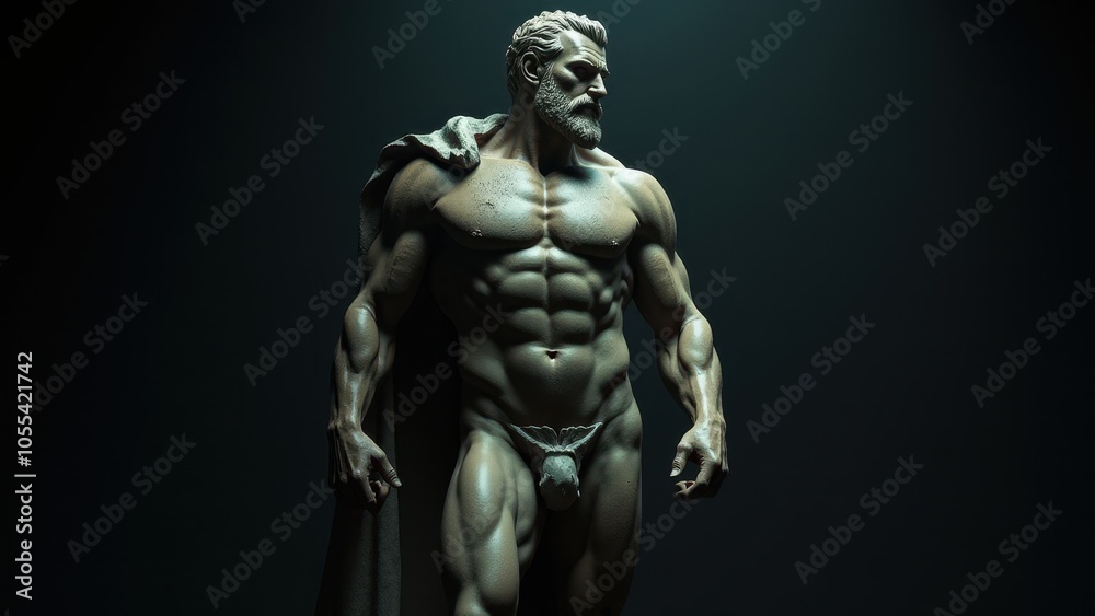Realistic digital sculpture of a powerful man, wearing a cloak, posed against a banner stoic background, creating a sense of authority and stillness. Realistic digital sculpture of a powerful man, wearing a cloak, posed against a banner stoic background, creating a sense of authority and stillness.