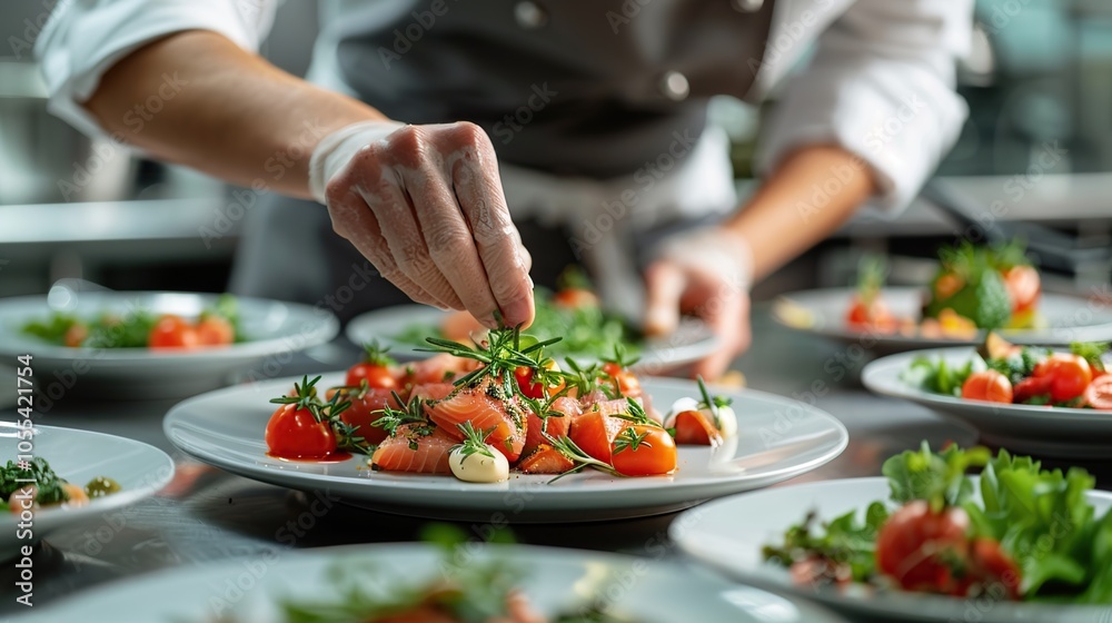 A chef's hand in a white glove is carefully adding fresh herbs to a plate of salmon, tomatoes, and salad. A chef's hand in a white glove is carefully adding fresh herbs to a plate of salmon, tomatoes, and salad.