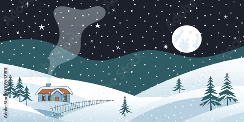 Holiday winter landscape, cartoon nature, hut in the forest and snowfall, setting sun, vector illustration