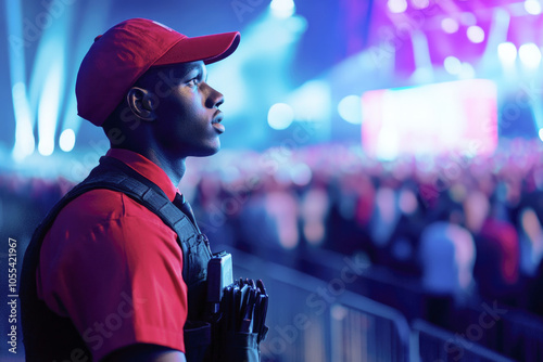 Event security guard monitoring large crowd at night concert event in vibrant colorful setting photo