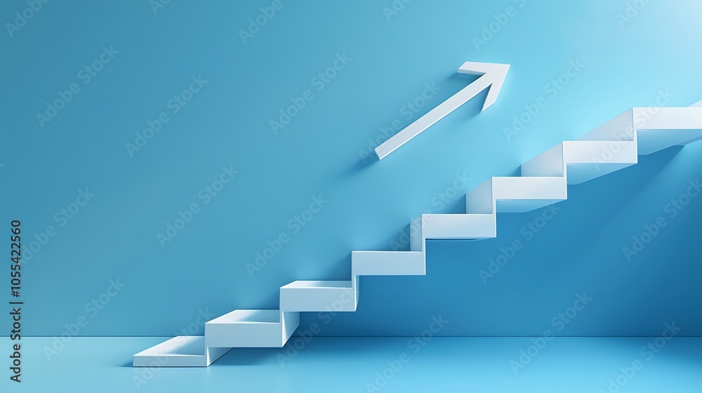 White arrow flows on cube stair shape against blue backdrop business way concept minimal style