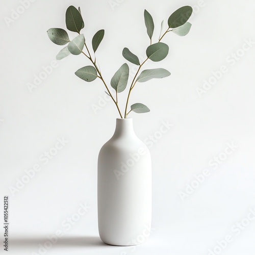 Minimalistic vase with greenery on a white isolated background.
