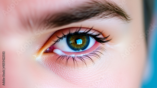 Macro close up shot of a man s eye with a small amount of hydrating and soothing eye cream gently dabbed under the eye area part of a daily facial care and grooming routine for healthy photo