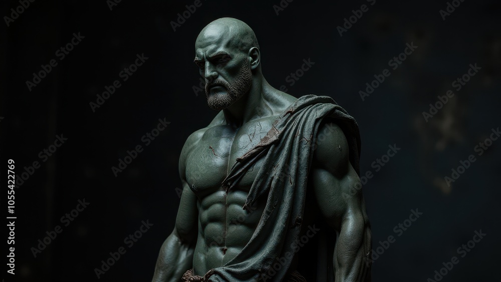Statuesque male form in a dynamic pose, draped with a cloak, set against a banner stoic background, symbolizing power and calm. Statuesque male form in a dynamic pose, draped with a cloak, set against a banner stoic background, symbolizing power and calm.