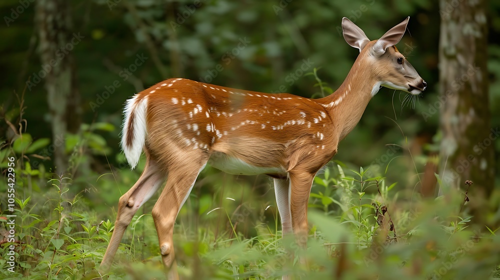 White tailed deer in its natural habitat of the eastern woods with its tail down but showing the white fringe White tailed deer in its natural habitat of the eastern woods with its tail down but showing the white fringe