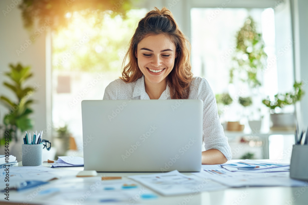 Smiling woman working at home office with laptop and bright natural light Smiling woman working at home office with laptop and bright natural light