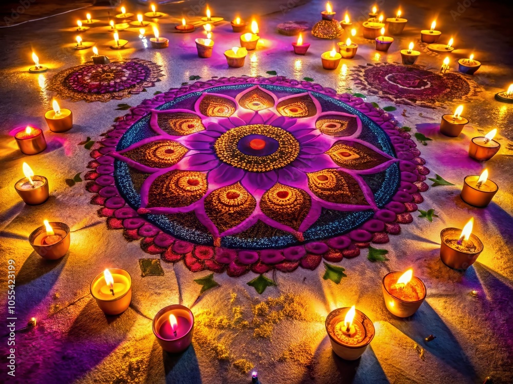 Diwali Festival of Lights: Vibrant Drone Photography of Indian Rangoli and Mandala Designs in Purple and Yellow Colors Diwali Festival of Lights: Vibrant Drone Photography of Indian Rangoli and Mandala Designs in Purple and Yellow Colors