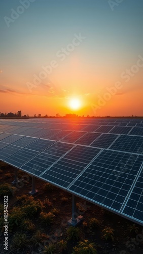 Solar panel produces green environmentaly friendly energy from the setting sun aerial view from drone green energy production on the field solar panel Ultra realistic Photorealistic  photo