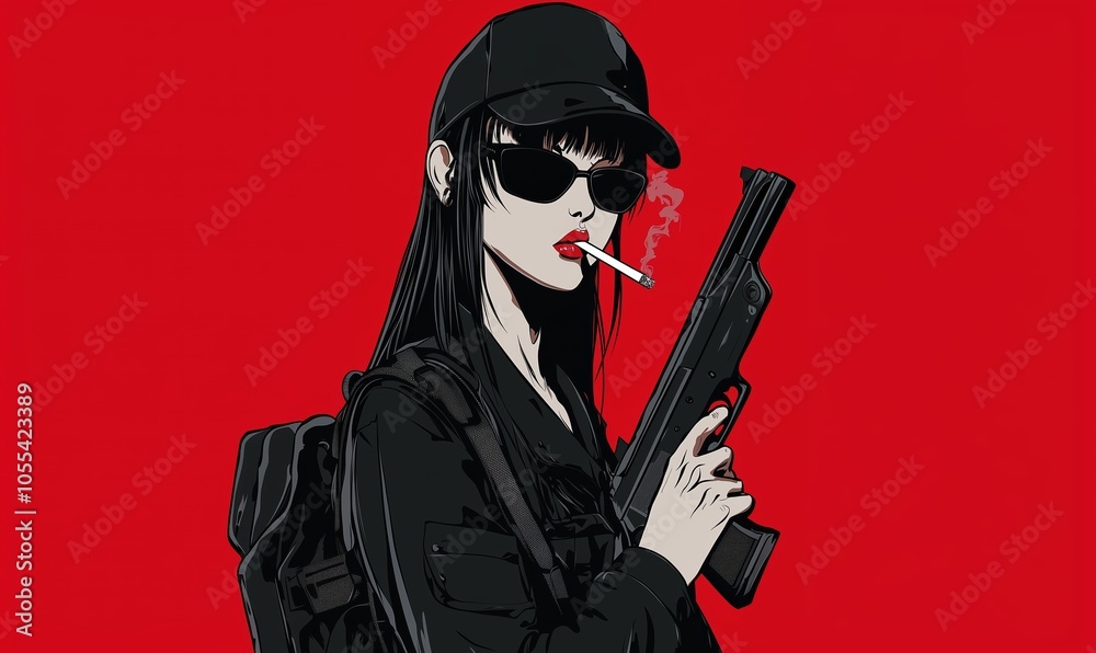 A determined woman in black attire holds a firearm and smokes a cigarette against a bold red backdrop A determined woman in black attire holds a firearm and smokes a cigarette against a bold red backdrop