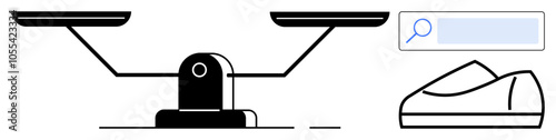 Balancing scale with magnifying glass and shoe. Ideal for concepts of justice, economy, comparison, search, evaluation, shopping, balance. Line metaphor
