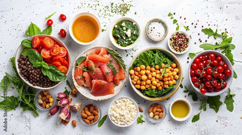 A variety of ingredients for a healthy salad, including chickpeas, tomatoes, spinach, lettuce, almonds, garlic, and feta cheese.