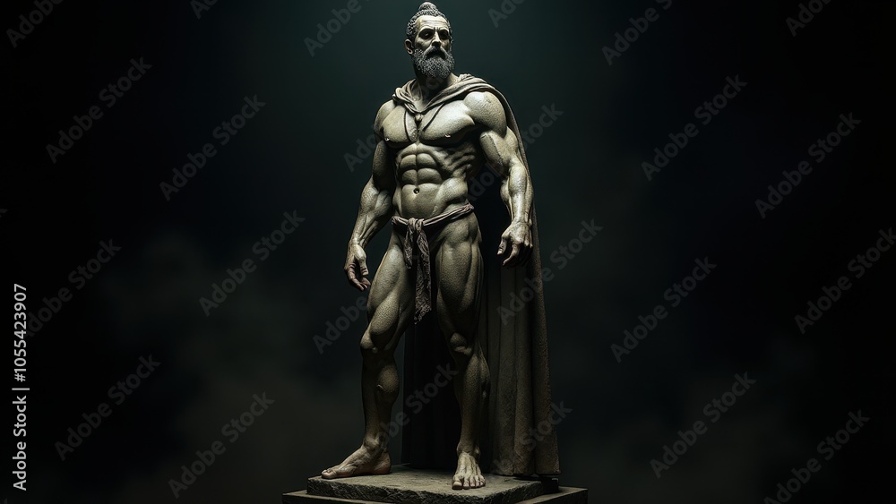 Statuesque male form in a dynamic pose, draped with a cloak, set against a banner stoic background, symbolizing power and calm. Statuesque male form in a dynamic pose, draped with a cloak, set against a banner stoic background, symbolizing power and calm.