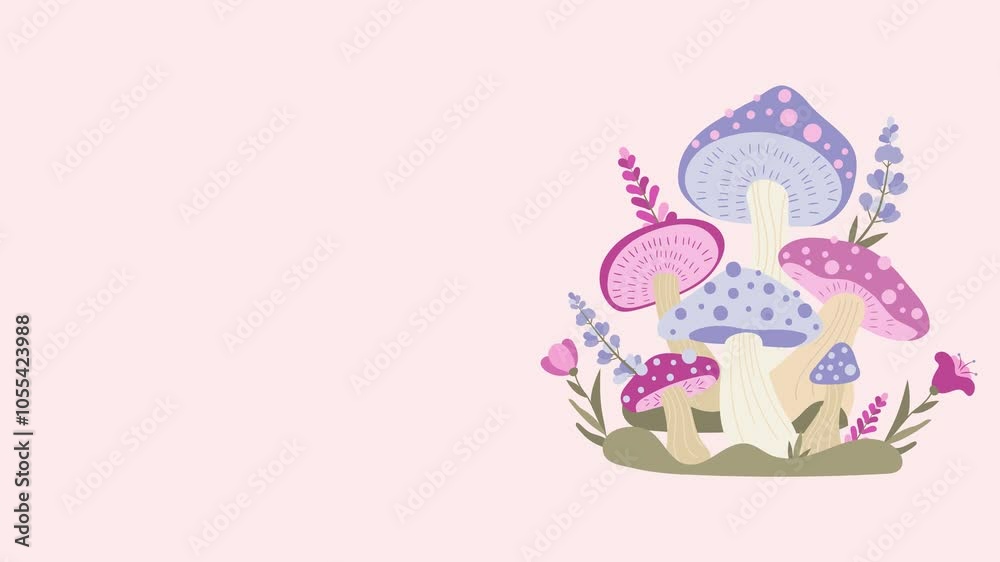 Animated background with mushrooms and flowers with left copyspace Animated background with mushrooms and flowers with left copyspace