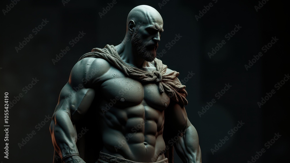 Sculpted male figure with a muscular physique and cloak, presented with a banner stoic background, evoking classical strength and composure. Sculpted male figure with a muscular physique and cloak, presented with a banner stoic background, evoking classical strength and composure.
