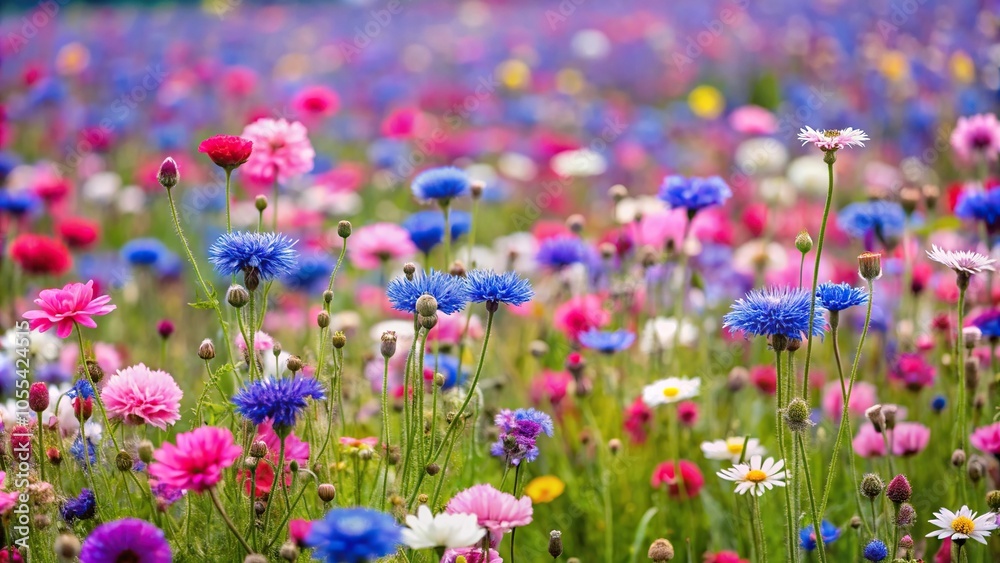 A sprawling field of wildflowers in full bloom, stretching as far as the eye can see, with varying shades of pink, purple, and blue hues., outdoor, landscape, wildflowers A sprawling field of wildflowers in full bloom, stretching as far as the eye can see, with varying shades of pink, purple, and blue hues., outdoor, landscape, wildflowers