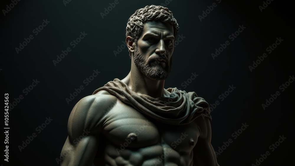 Detailed sculpture of a bearded man with defined muscles, captured with a banner stoic background, representing timeless strength. Detailed sculpture of a bearded man with defined muscles, captured with a banner stoic background, representing timeless strength.