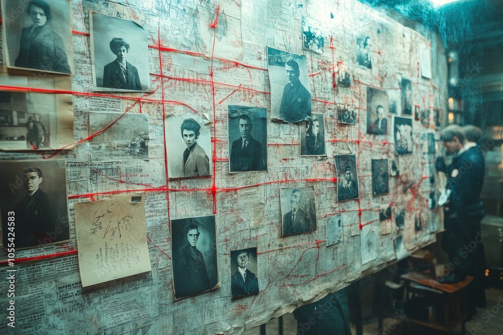 Fototapeta premium A detective board filled with notes, photos, and red strings connecting clues. Generative AI