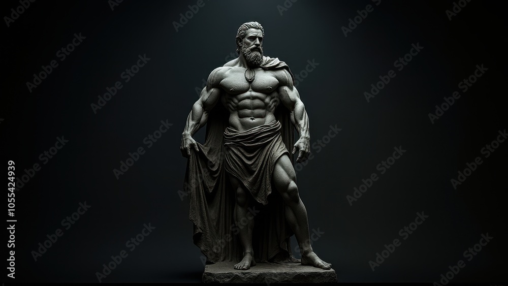 Realistic digital sculpture of a powerful man, wearing a cloak, posed against a banner stoic background, creating a sense of authority and stillness. Realistic digital sculpture of a powerful man, wearing a cloak, posed against a banner stoic background, creating a sense of authority and stillness.