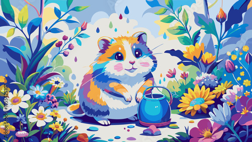 Colorful Illustrated Hamster Watering Garden Flowers