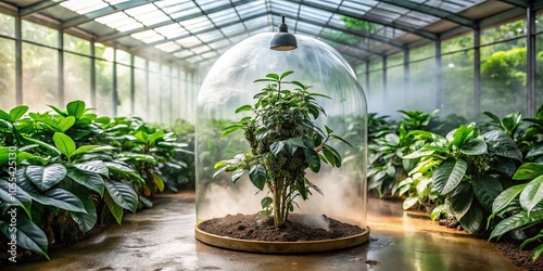 A coffee plant in a terrarium or greenhouse environment with misting and humidity, garden, plants photo