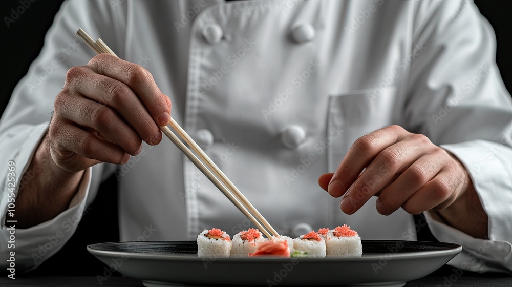 Chef in White Uniform Skillfully Prepares Sushi with Chopsticks on a Black Plate in a Professional Kitchen Setting Chef in White Uniform Skillfully Prepares Sushi with Chopsticks on a Black Plate in a Professional Kitchen Setting