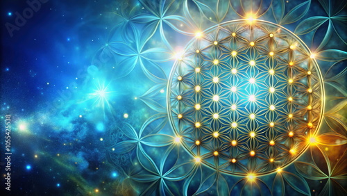 Glowing Flower of Life sacred geometry in cosmic background