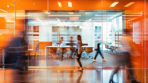Blurred Motion of People Walking Through a Modern Office Building