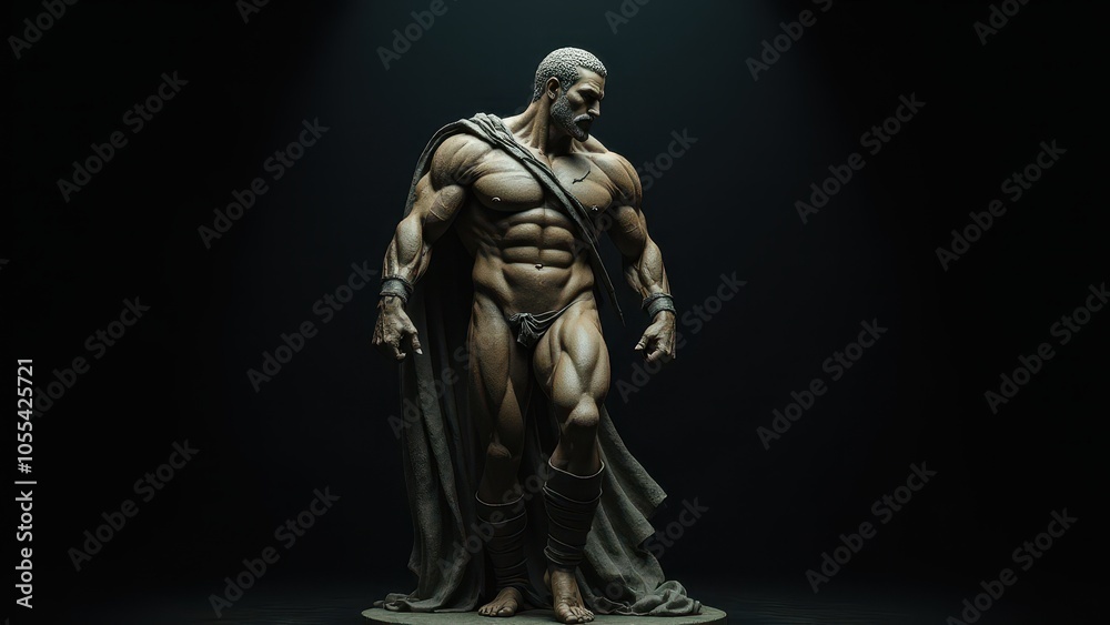 Detailed sculpture of a bearded man with defined muscles, captured with a banner stoic background, representing timeless strength. Detailed sculpture of a bearded man with defined muscles, captured with a banner stoic background, representing timeless strength.