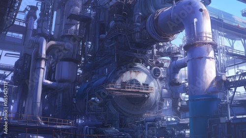 Futuristic Industrial Complex with Massive Machinery and Intricate Pipework Under Clear Blue Sky