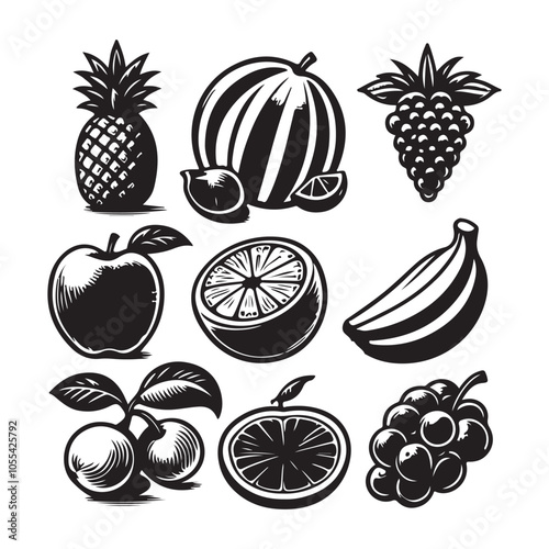 Fresh Fruit Still Life Vector, Lemon Silhouette Set, Delicious Fruits Clip Art Illustration