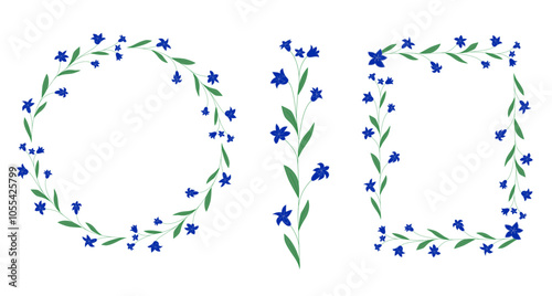 Campanula.Colorful decorative elements with bellflowers: wreath, decorative line, rectangular border . Design elements for invitations, postcards, banners.