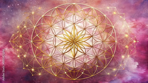 Golden sacred geometry on cosmic purple background
