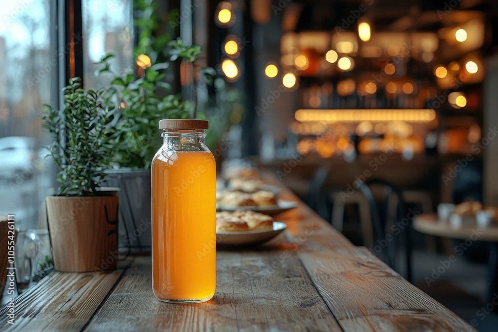 Glass Bottle of Yellow Liquid on Wooden Table in Cafe Glass Bottle of Yellow Liquid on Wooden Table in Cafe