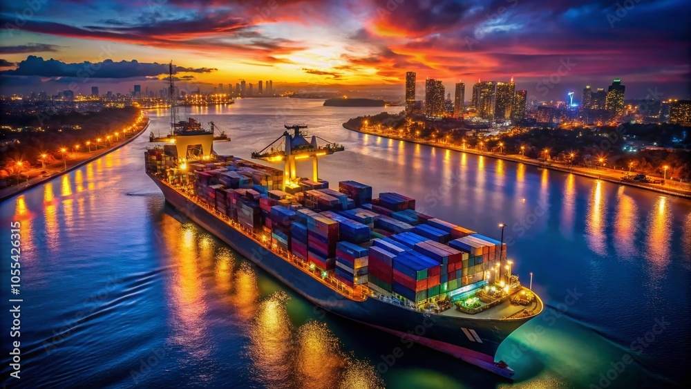 Drone View of a Cargo Ship at Night with Vibrant Containers - Low Light Photography Drone View of a Cargo Ship at Night with Vibrant Containers - Low Light Photography