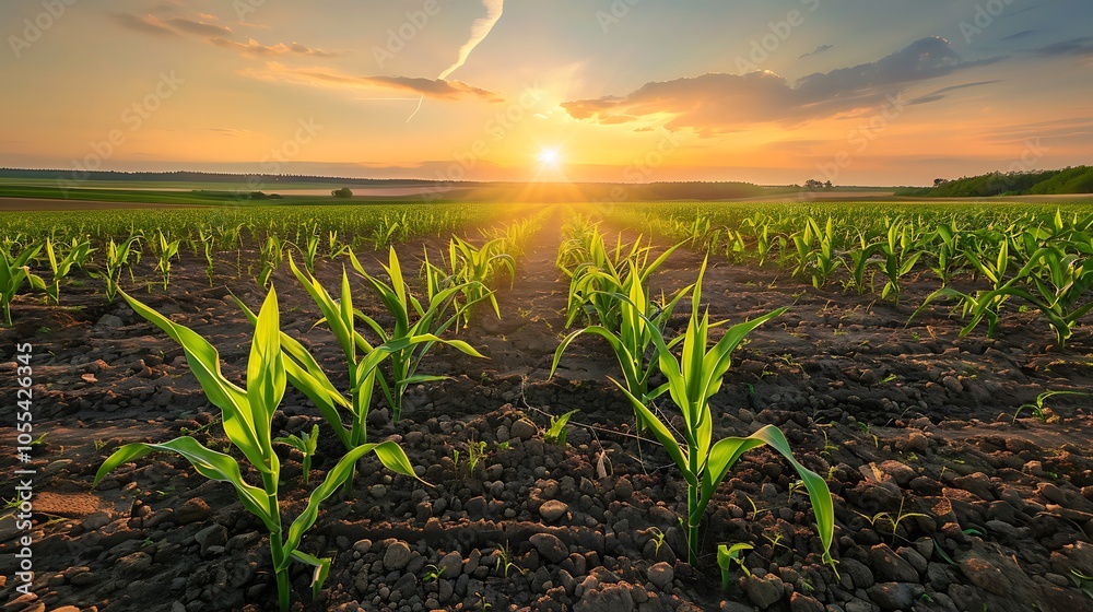 Young green corn growing on the field at sunset young corn plants corn grown in farmland cornfield