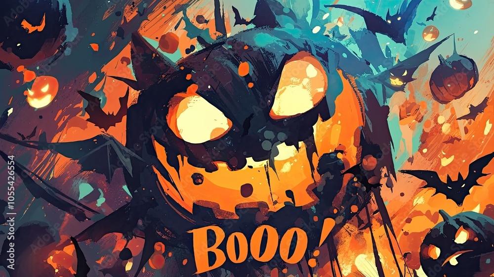Spooky Halloween Pumpkin with Flying Bats and Vibrant Colors in a Festive Night Sky Spooky Halloween Pumpkin with Flying Bats and Vibrant Colors in a Festive Night Sky