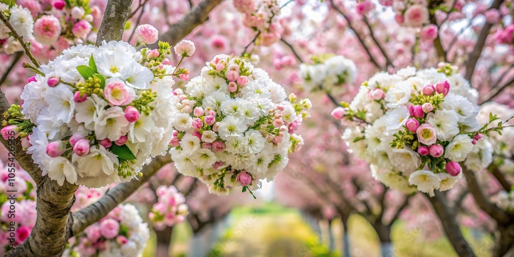 Aerial view of white and pink flower bouquets covering tree branches Aerial view of white and pink flower bouquets covering tree branches