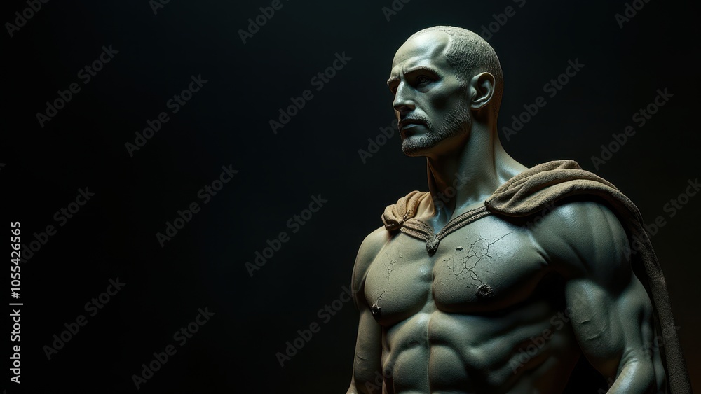 Statuesque male form in a dynamic pose, draped with a cloak, set against a banner stoic background, symbolizing power and calm. Statuesque male form in a dynamic pose, draped with a cloak, set against a banner stoic background, symbolizing power and calm.