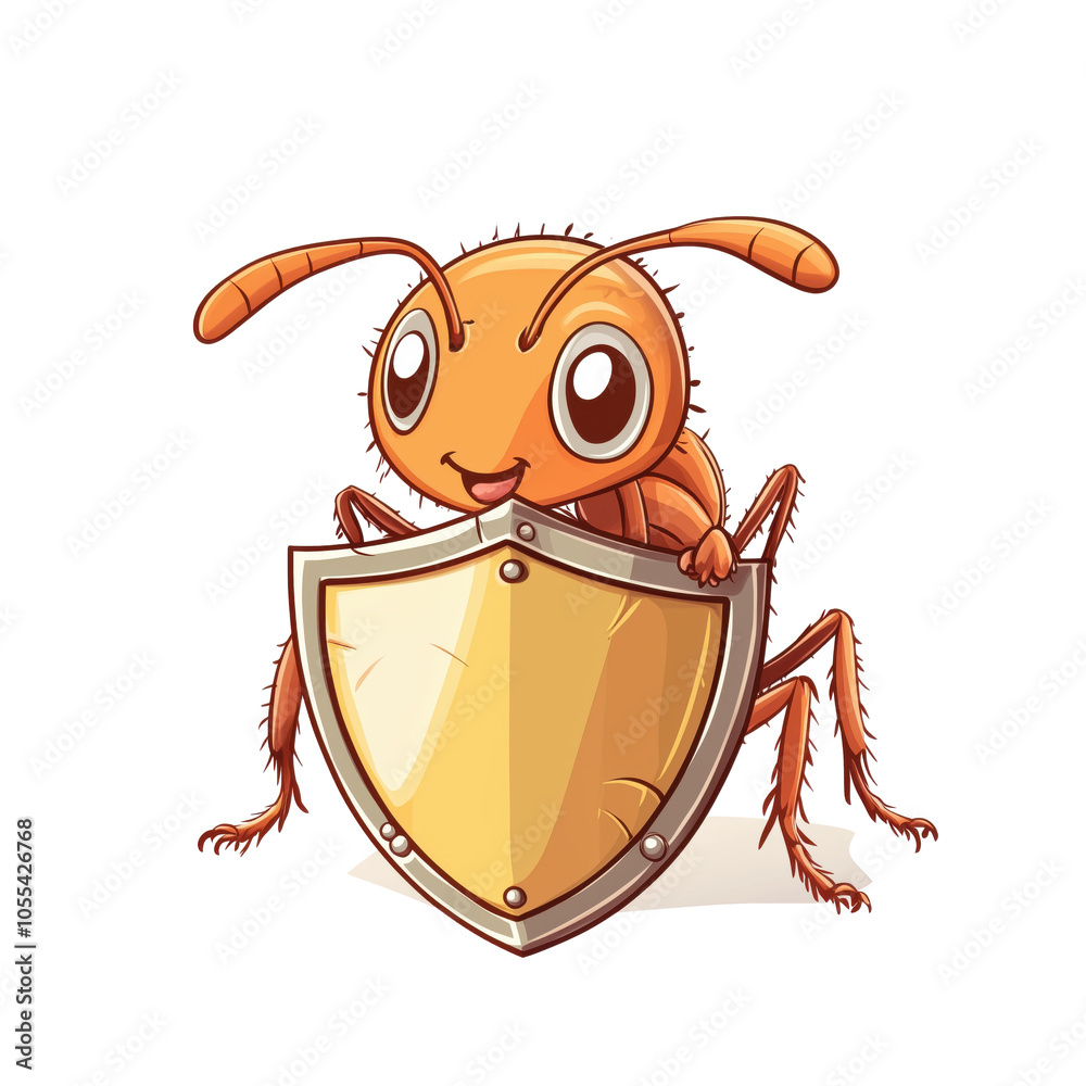 Ant character holding shield, cartoon style, cheerful expression, vibrant colors, isolated on transparent background, png