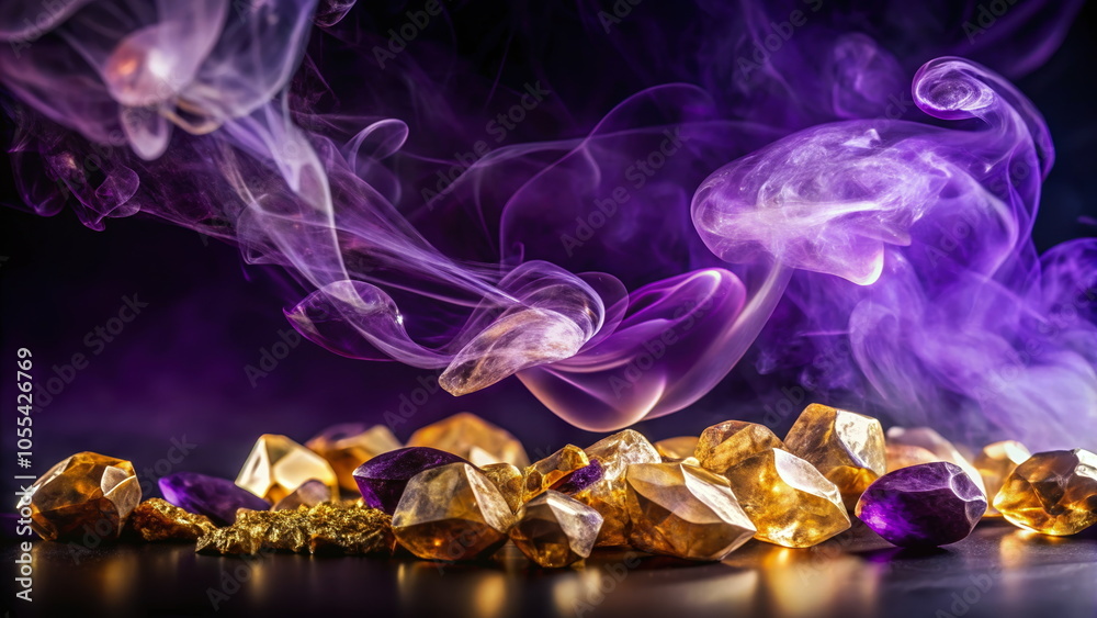 Obraz premium Purple smoke swirling over golden and amethyst crystals
