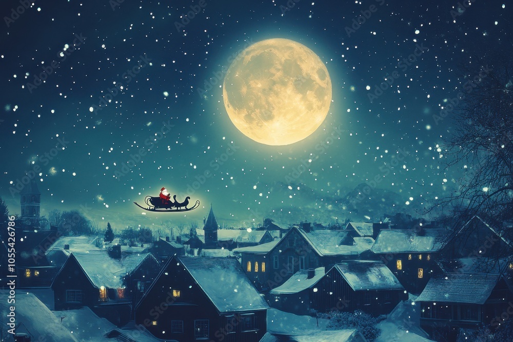 Naklejka premium A magical Christmas night sky background with Santa’s sleigh silhouetted against the full moon, flying over a snow-covered town. Stars twinkle in the clear sky, and rooftops are dusted with fresh snow