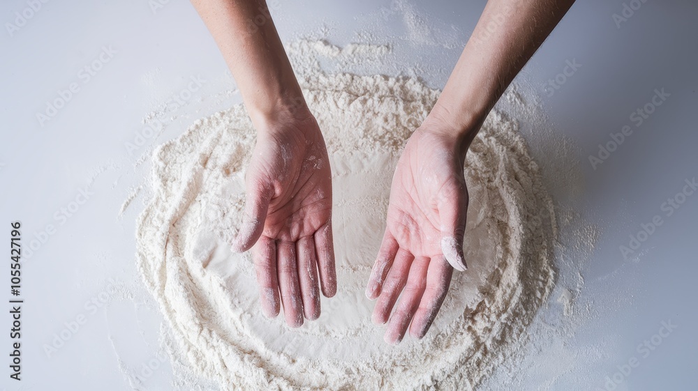 Fototapeta premium Hands Holding Dough in Kitchen Workspace Setup