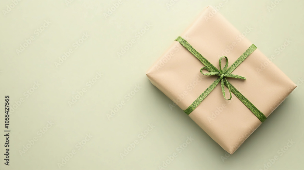 Minimal gift box wrapped in beige paper with green ribbon on pastel background for eco-friendly celebration