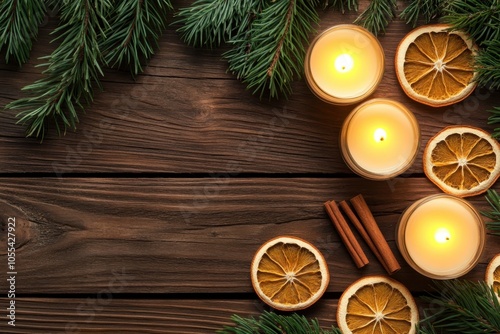 A rustic wooden table background with pine branches, cinnamon sticks, and dried orange slices, topped with candles. The natural elements provide a warm and cozy holiday vibe for a festive scene.