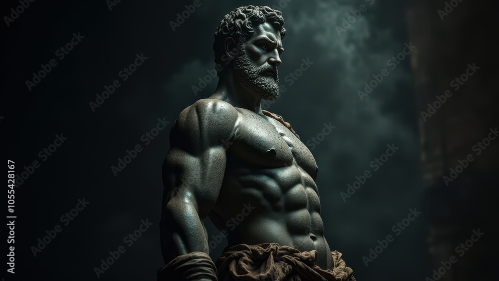 Statuesque male form in a dynamic pose, draped with a cloak, set against a banner stoic background, symbolizing power and calm. Statuesque male form in a dynamic pose, draped with a cloak, set against a banner stoic background, symbolizing power and calm.