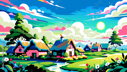 Vibrant Countryside Village Landscape with Colorful Nature