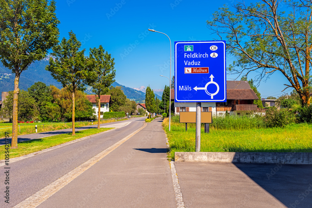 Directional Signs in Balzers, Liechtenstein to destinations in Liechtenstein and Feldkirch, Austria and Switzerland
